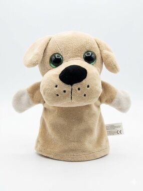 KellyToy Tan Puppy Dog Hand Puppet Plush 9" Stuffed Animal Gold Glitter Eyes